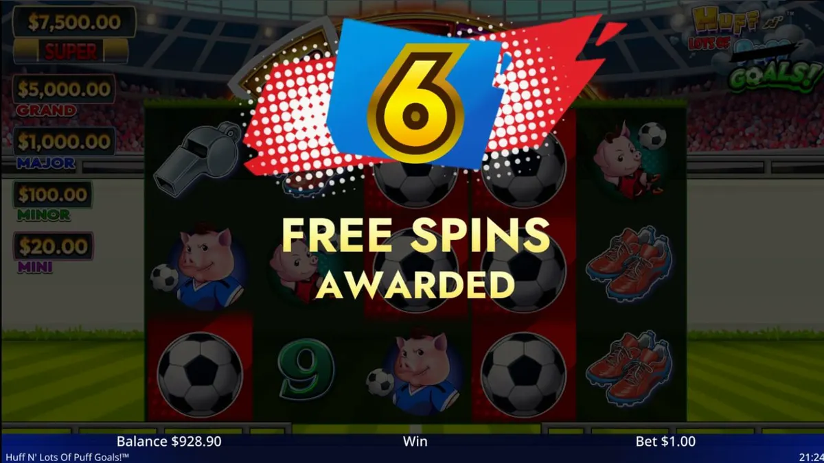 Tampilan visual slot Huff N' Lots of Goals dengan tema sepak bola
