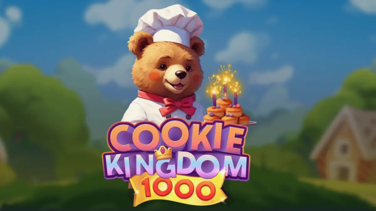Tampilan visual slot Cookie Kingdom 1000 dengan tema kerajaan kue dan karakter beruang koki.